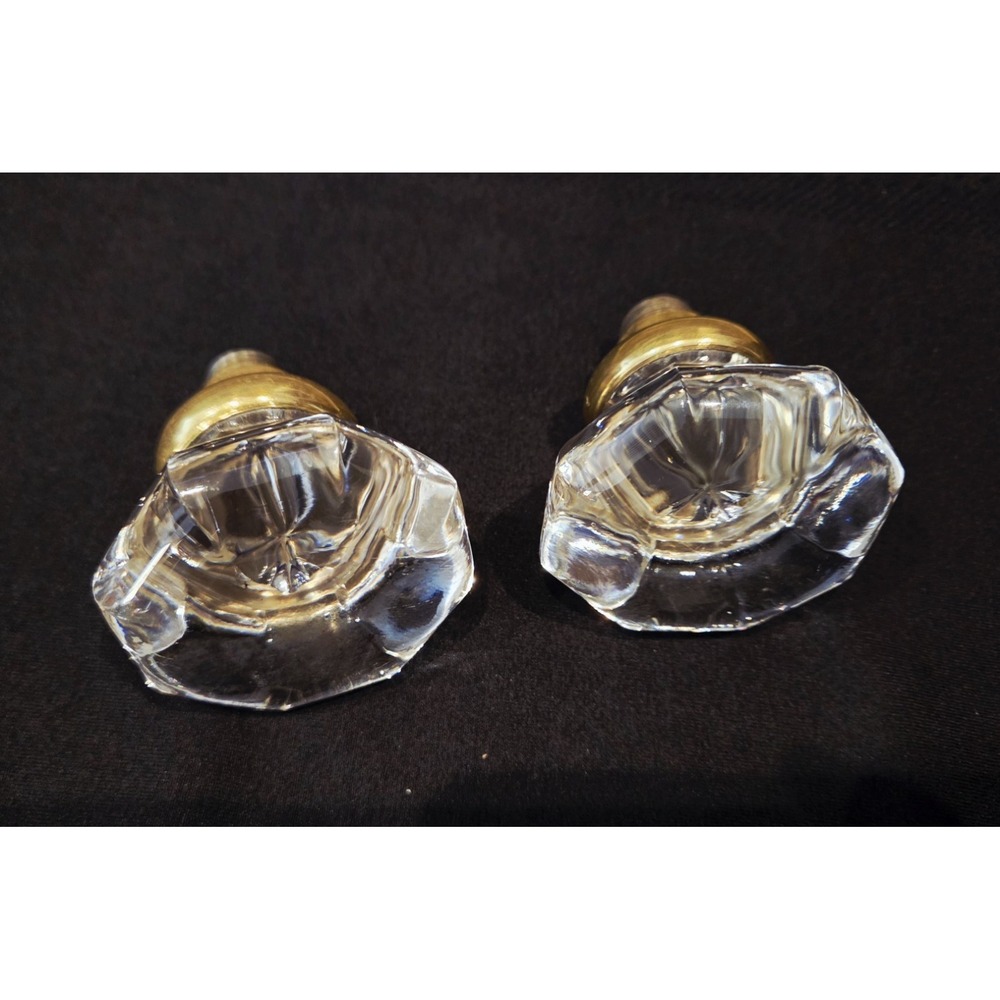 Pair 2 Antique 8 Point Octagon Glass Crystal Door Knob Brass Base Victorian Era